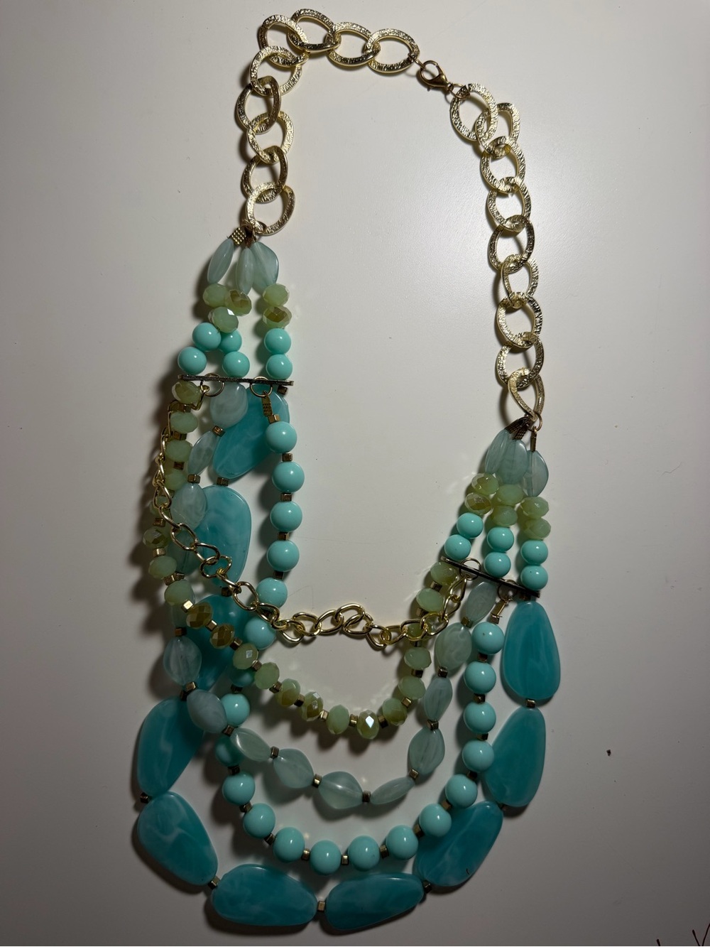 Multi-Strand Aqua Bead Statement Necklace - Gold Chain